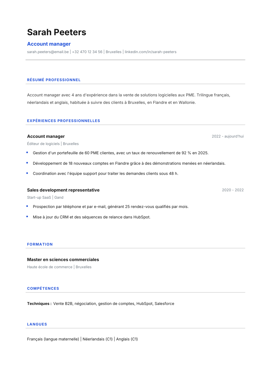 Exemple fictif de CV (Account manager) exporté en PDF par Supapply : Sarah Peeters, Account manager