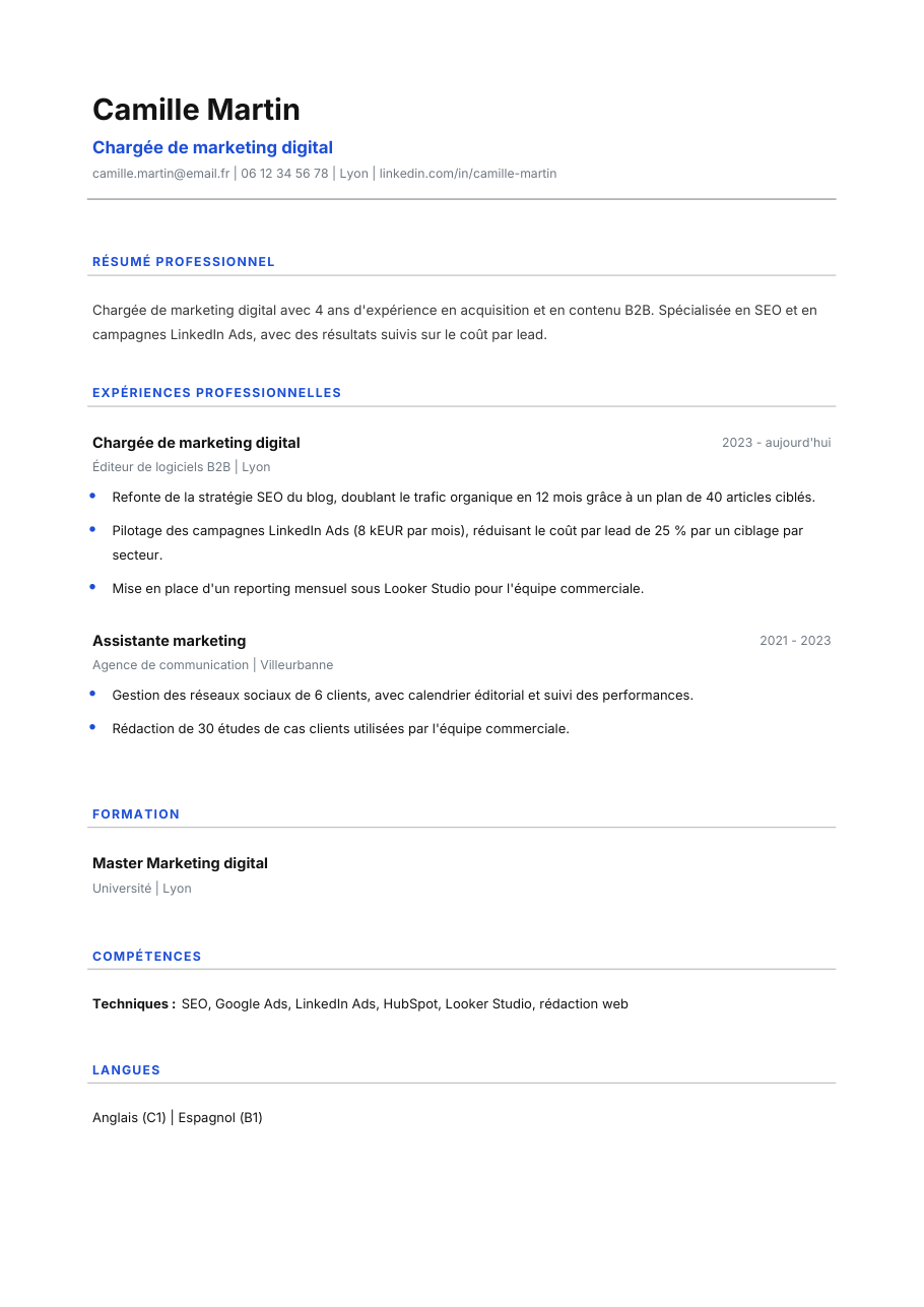 Exemple fictif de CV (Chargée de marketing digital) exporté en PDF par Supapply : Camille Martin, Chargée de marketing digital