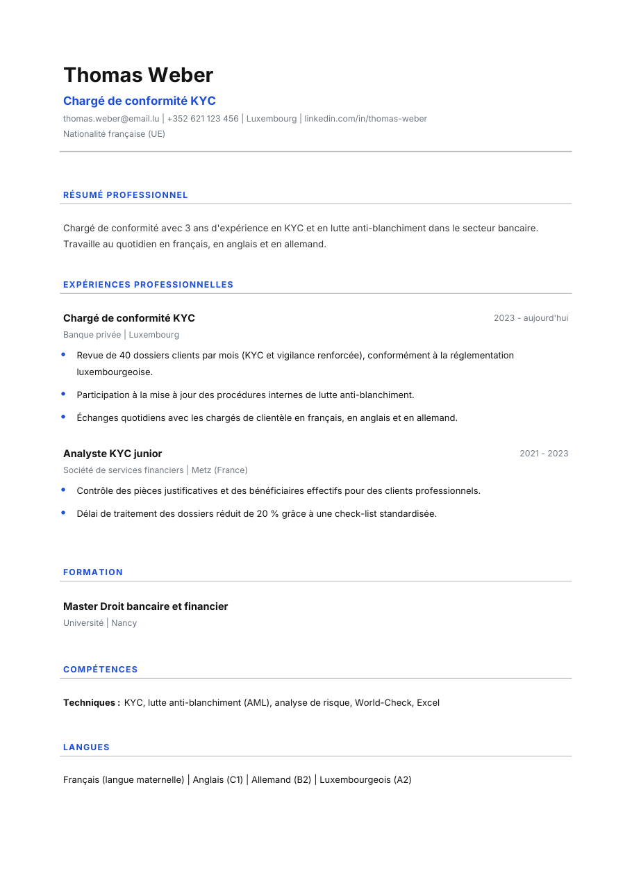Exemple fictif de CV (Chargé de conformité KYC) exporté en PDF par Supapply : Thomas Weber, Chargé de conformité KYC